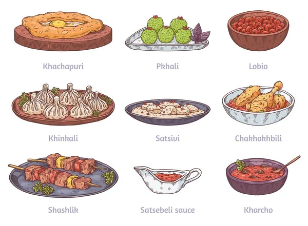 Набор блюд грузинской кухни ручной работы, векторная иллюстрация. — стоковый вектор