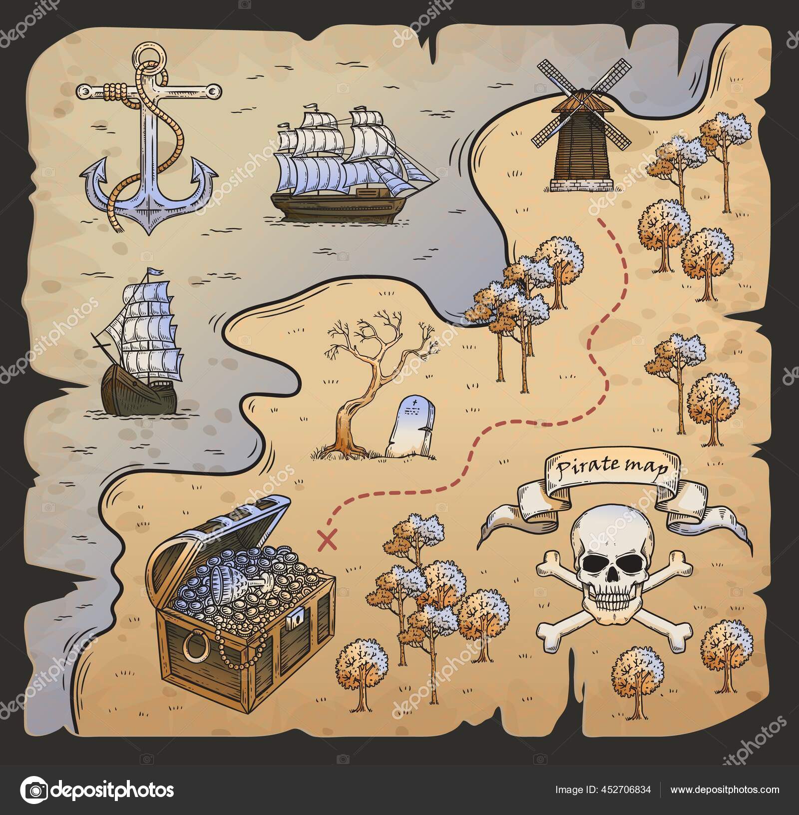 Mapa Do Tesouro, Mapa Das Ilhas Tropicais De Desenho Mostrando O Caminho  Para O Tesouro De Ouro Pirata Ilustração do Vetor - Ilustração de caixa,  console: 197448830