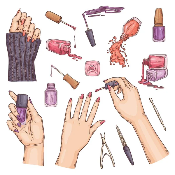 Mode manikyr av naglar med lack och vård för händer i skönhetssalong. — Stock vektor