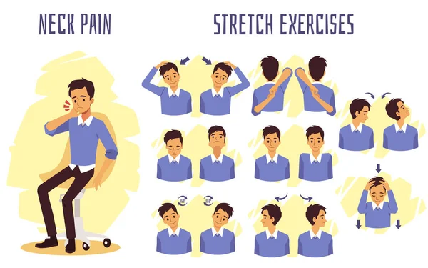 Stretch oefeningen om nekpijn te verlichten, platte vector illustratie geïsoleerd. — Stockvector