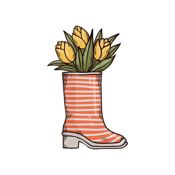Смугастий жіночий гумовий черевик з тюльпанами, мультфільм Векторні ілюстрації ізольовані . — стоковий вектор