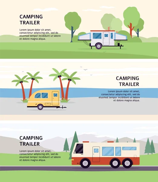 Набір банерів з кемпінговими трейлерами для подорожей та туризму в літні канікули — стоковий вектор