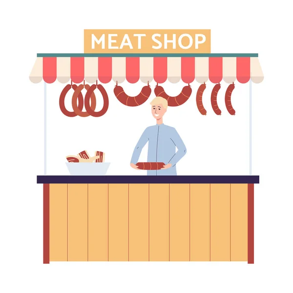 Contador de tienda de carne con carácter de vendedor ilustración vector plano aislado. — Vector de stock