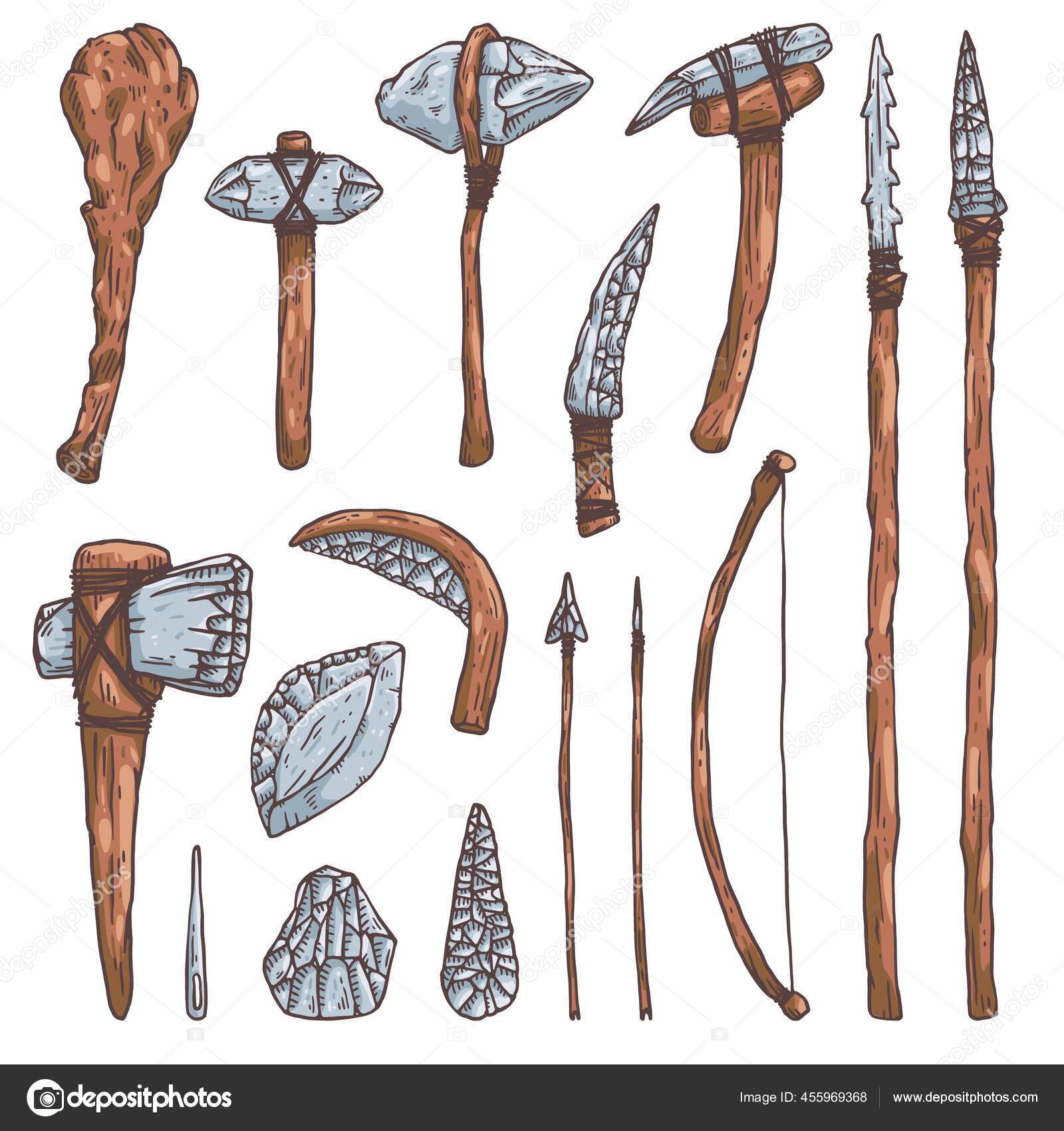 Stone Tools And Weapons Of Prehistoric Man Sketch Vector Illustration
