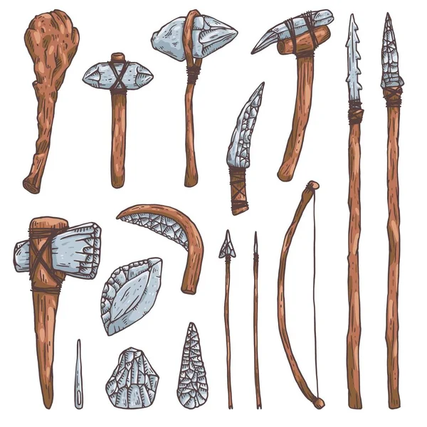 Steinwerkzeuge und Waffen des prähistorischen Menschen, Skizzenvektorillustration isoliert. — Stockvektor