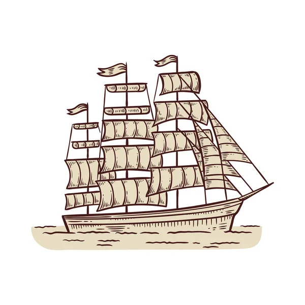 Brigantine ιστιοπλοϊκό σκάφος ή ιστιοφόρο πλοίο, χάραξη διανυσματική απεικόνιση απομονωμένη. — Διανυσματικό Αρχείο