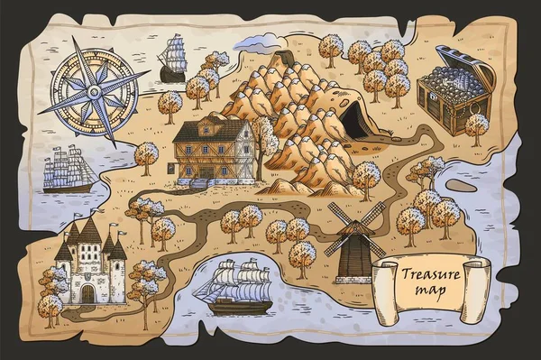 Ručně kreslené mapa pokladu z pirátské fantasy dobrodružství. Kreslený ostrov — Stockový vektor