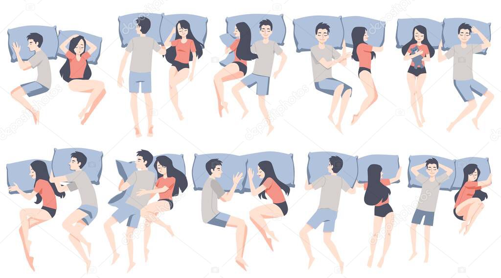 Night poses of sleep couple lying in cozy bed a set of vector illustrations