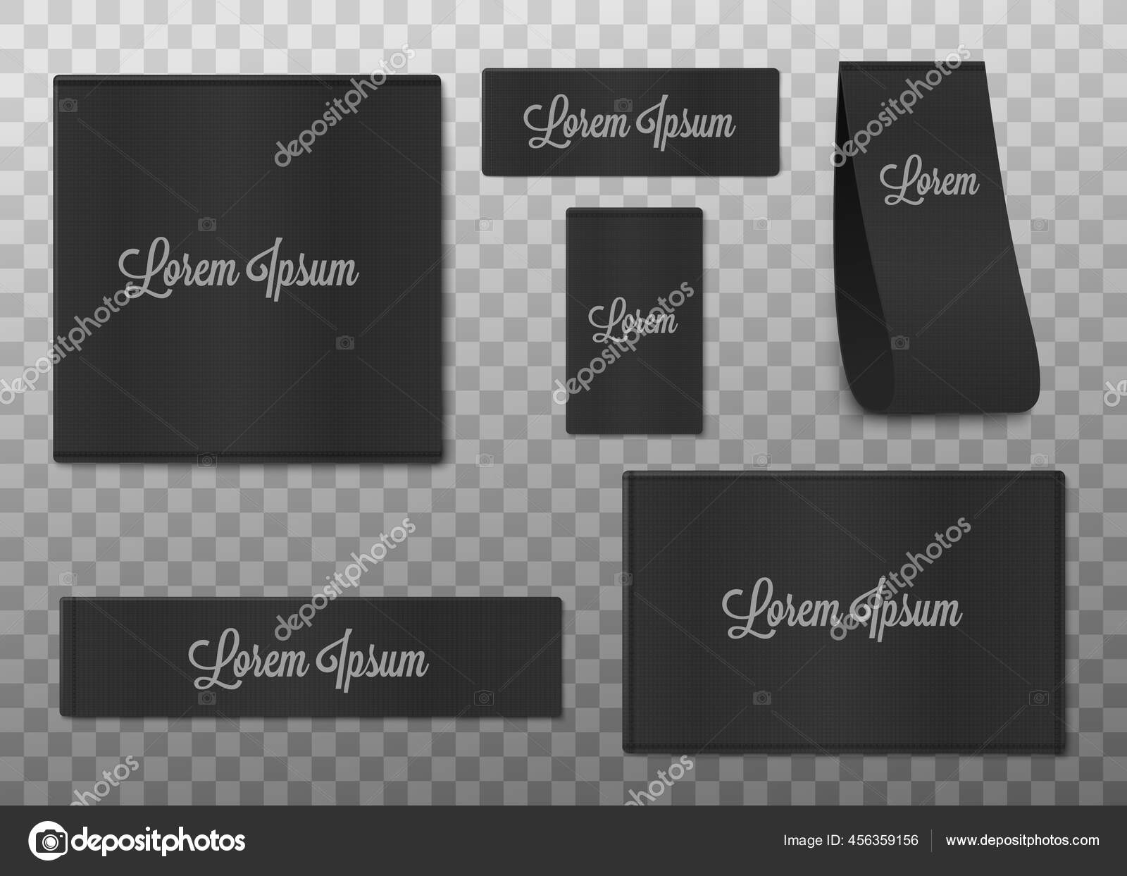 Black blank fabric clothing labels set, realistic vector illustration