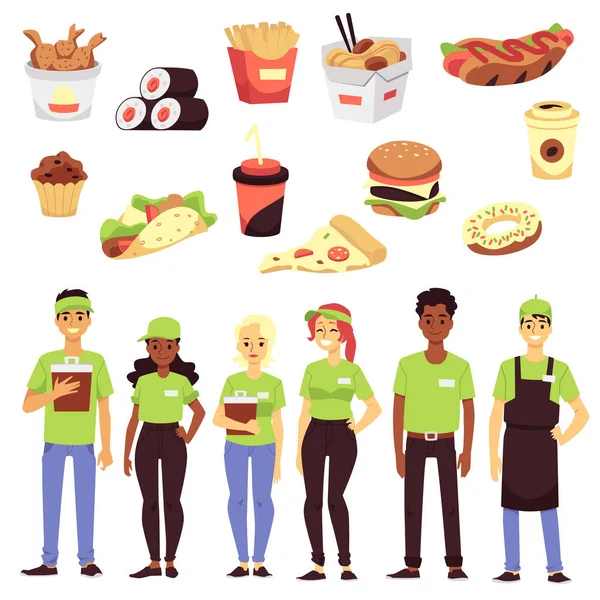 Set van pictogrammen voor fast food restaurants - afhaalmaaltijden en team van werknemers. — Stockvector