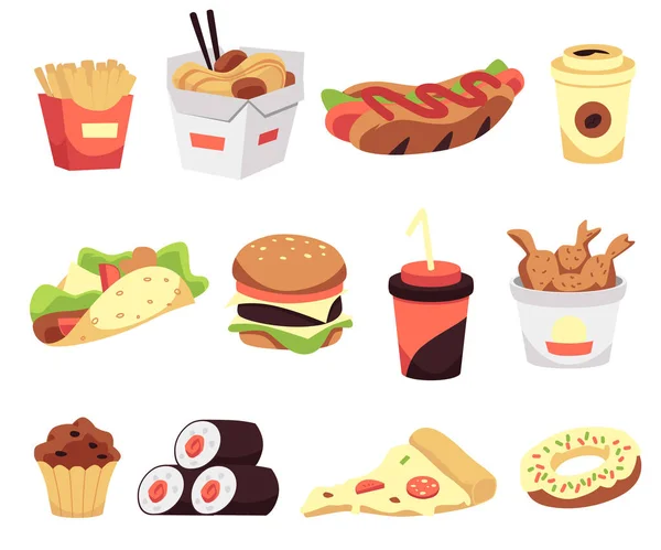Een set van fast food iconen een platte cartoon vector geïsoleerde illustraties. — Stockvector