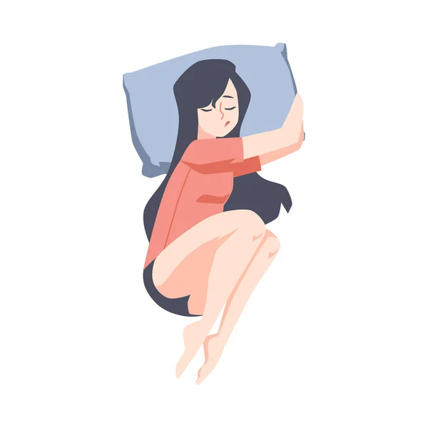 Jovem mulher dormindo de lado na posição de relaxamento vista superior. —  Vetores de Stock
