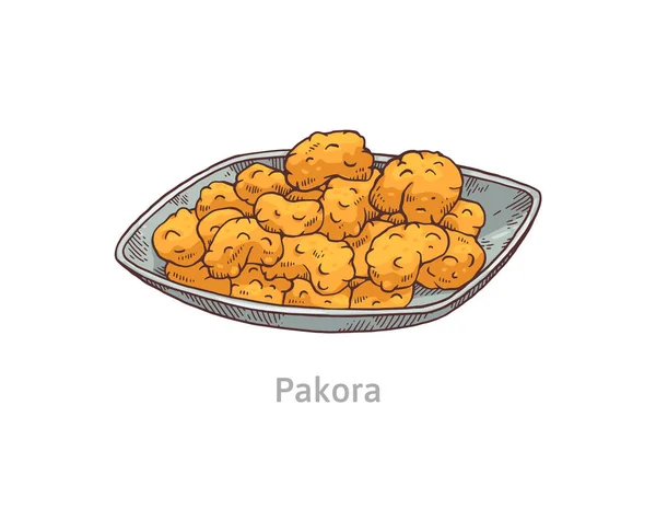 Lanche Pakora em uma chapa - prato de comida de rua frito indiano tradicional — Vetor de Stock