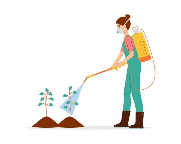 化学農薬を植物に散布する人。漫画農業労働者 — ストックベクタ