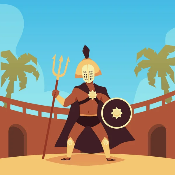 Vektorová plochá ilustrace gladiátora se zbraněmi na bojové aréně. — Stockový vektor