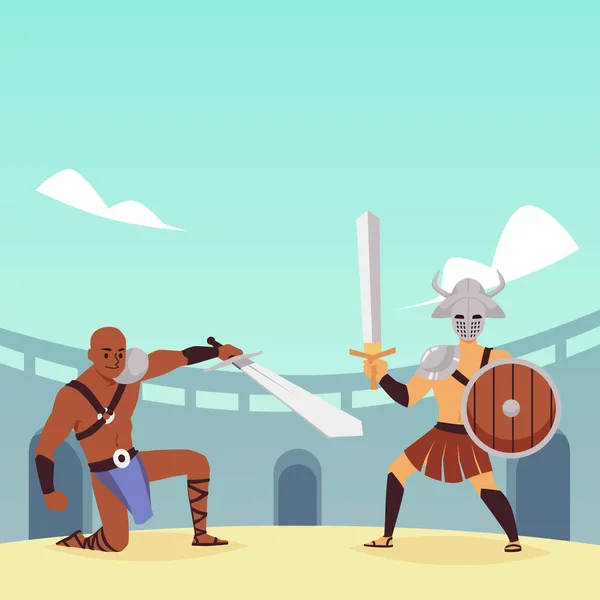 Vektor ilustrasi pertempuran legiuner bersenjata, gladiator atau prajurit Spartan - Stok Vektor