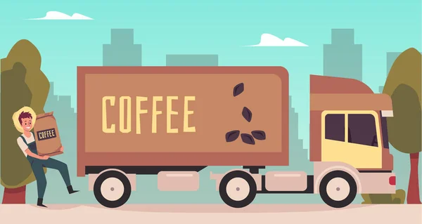 Hombre agricultor carga sacos de lona con granos de café en camión un vector de ilustración — Vector de stock