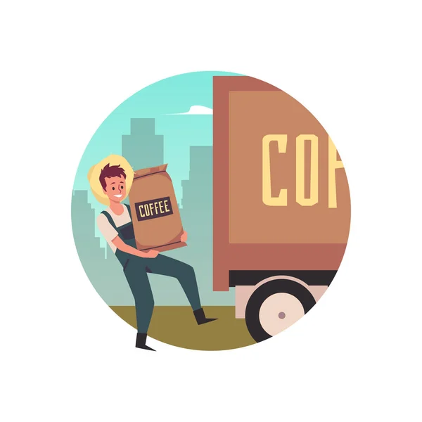 Ilustración plana vectorial del hombre agricultor cargando sacos con granos de café en camión. — Vector de stock