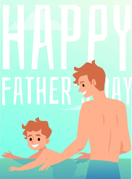 Father Day banner or card with dad teaches son to swim flat vector illustration. — Stock Vector