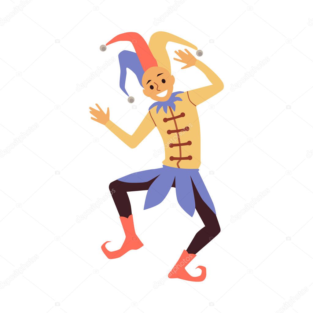 Medieval court jester or clown in clownish costume a vector Illustration