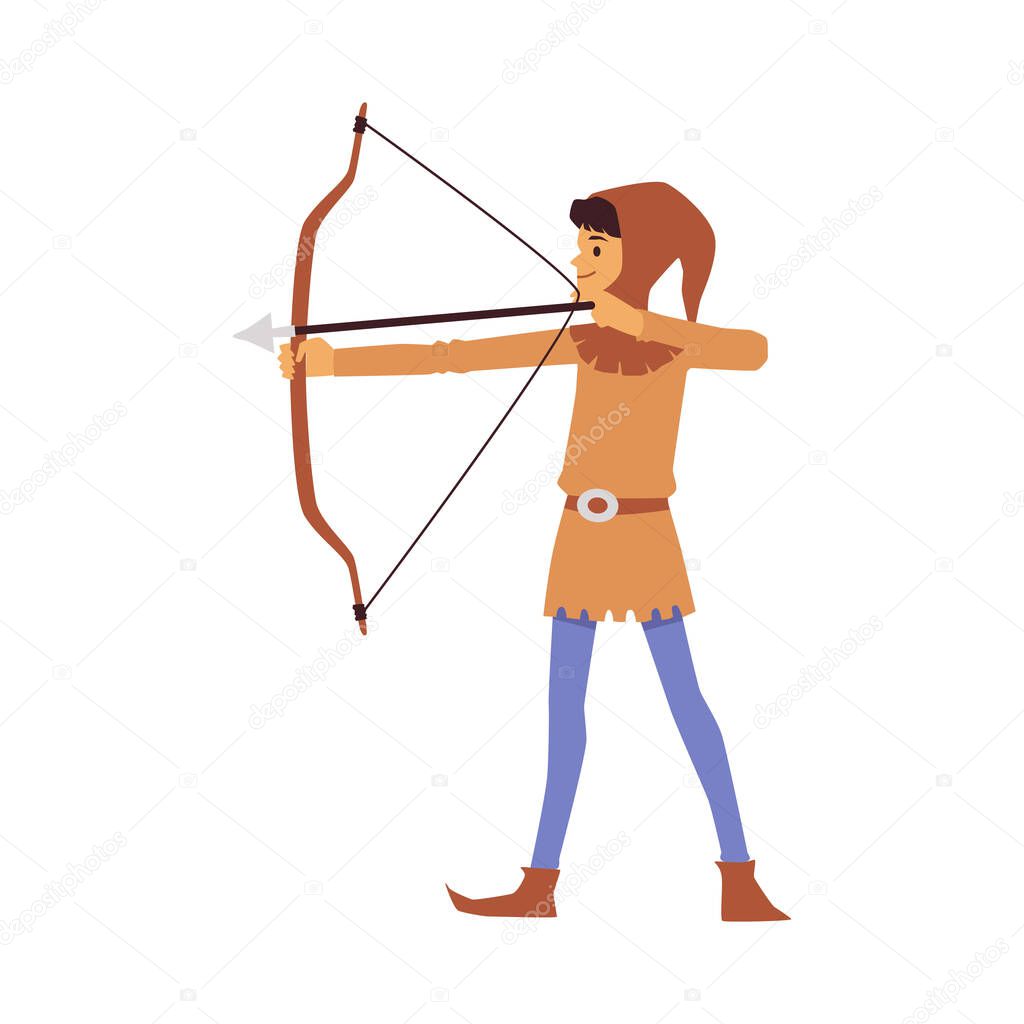 Archer in medieval outfit with arrow and bow a vector isolated illustration