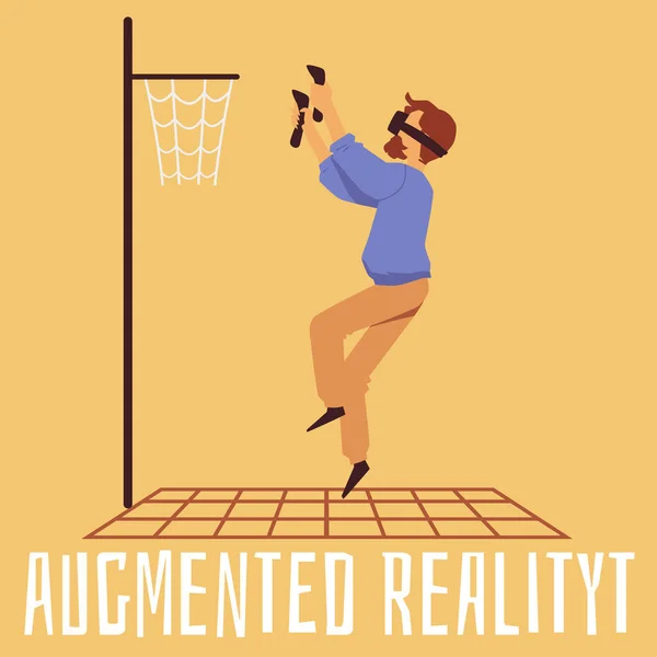 Bővített valóság kosárlabda játék - rajzfilmfigura VR szemüvegben — Stock Vector