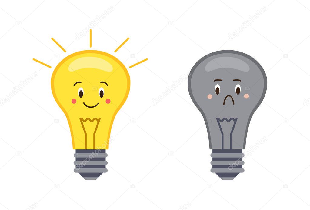 Set of cartoon characters of electric bulbs, flat vector illustration isolated.