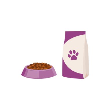 Packaging of food and bowl full of feed for dog or cat a vector illustration clipart