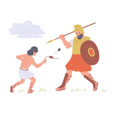 Old Testament bible David and Goliath, flat vector illustration isolated. clipart