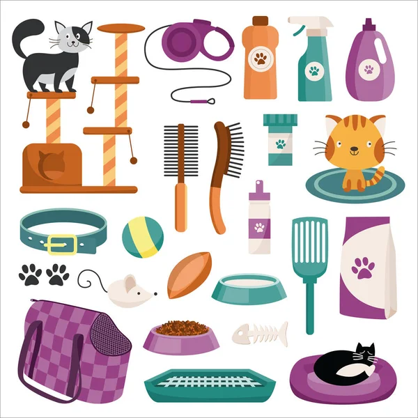 Conjunto de gatos y varios accesorios para el cuidado de mascotas, ilustración vectorial plana aislada. — Vector de stock