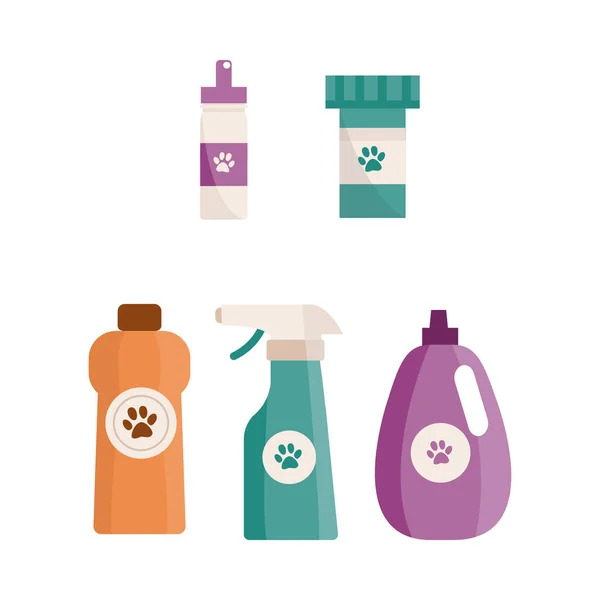 애완 동물, 샴푸, 고양이와 개를 위한 약, 애완 동물을 돌보고 개를 위한 비닐봉지를 준비 한다. — 스톡 벡터