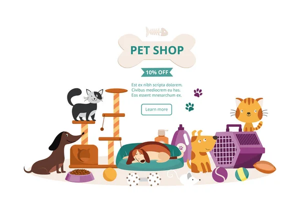 犬や猫とペットショップのためのウェブサイトインターフェイス,フラットベクトルイラスト. — ストックベクタ