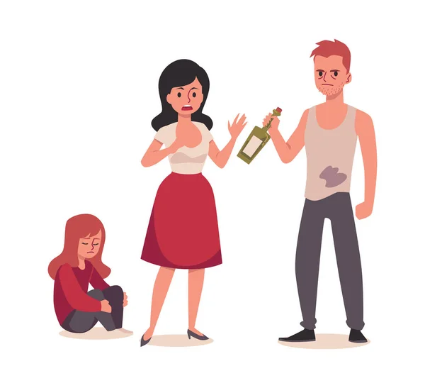 Adicción al alcohol y conflicto familiar, ilustración vectorial plana aislada. — Vector de stock