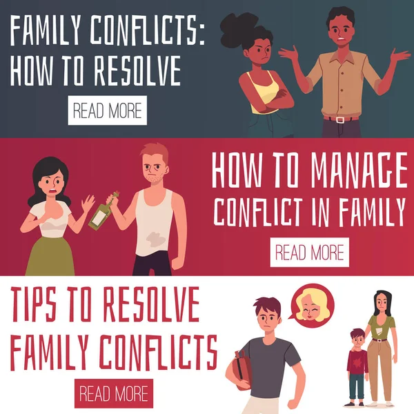 Aile içi anlaşmazlıklar - çözümleme ve yönetme ipuçları - iki vektör düz çizgi film afişi — Stok Vektör