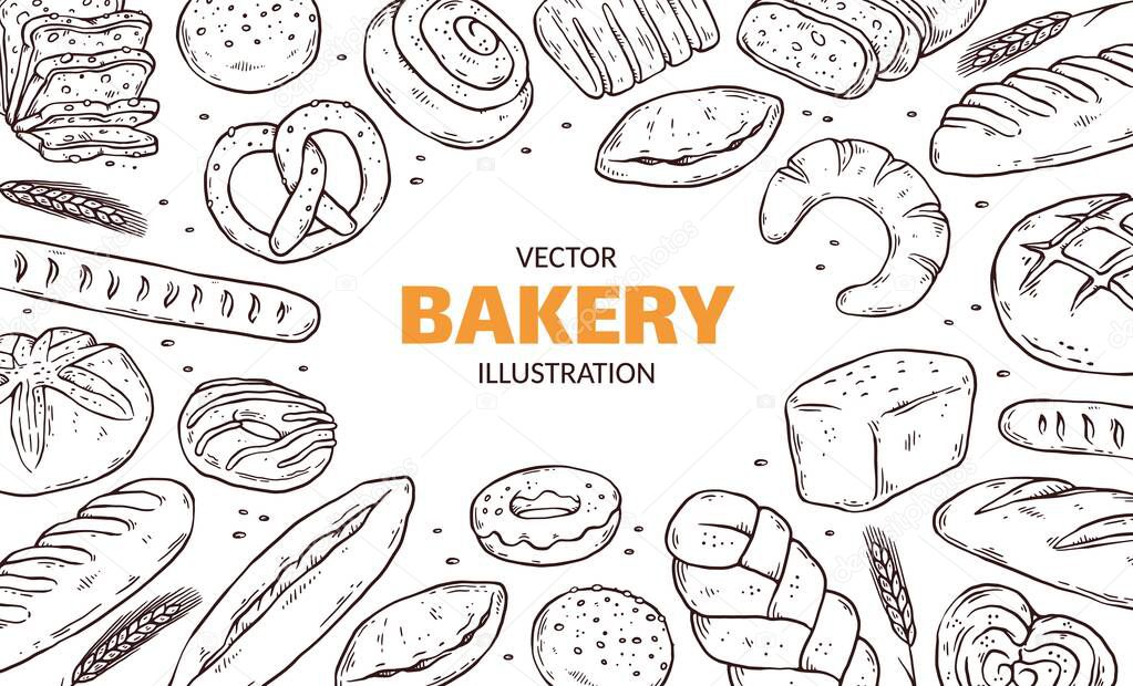 Banner or poster with hand drawn bakery products, doodle vector illustration.