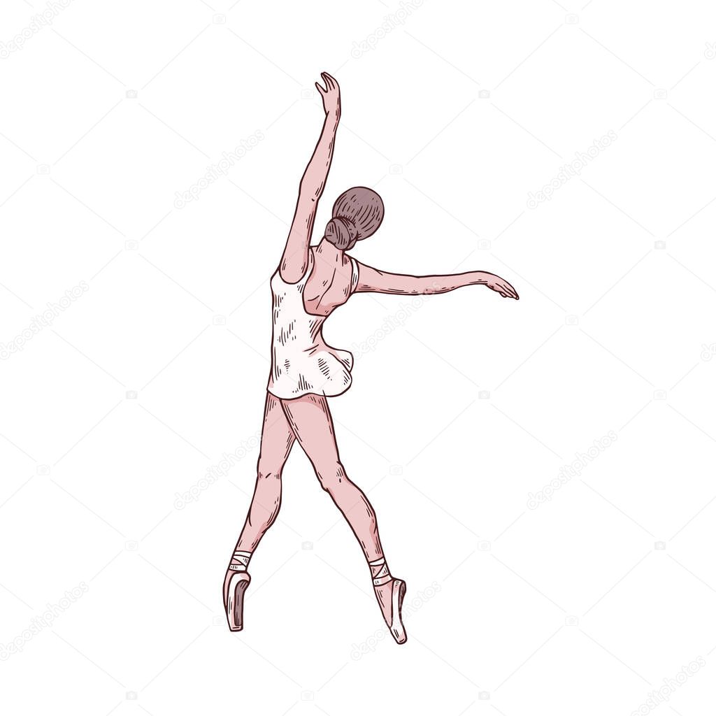 Ballerina in white dress dancing, sketch vector illustration isolated.