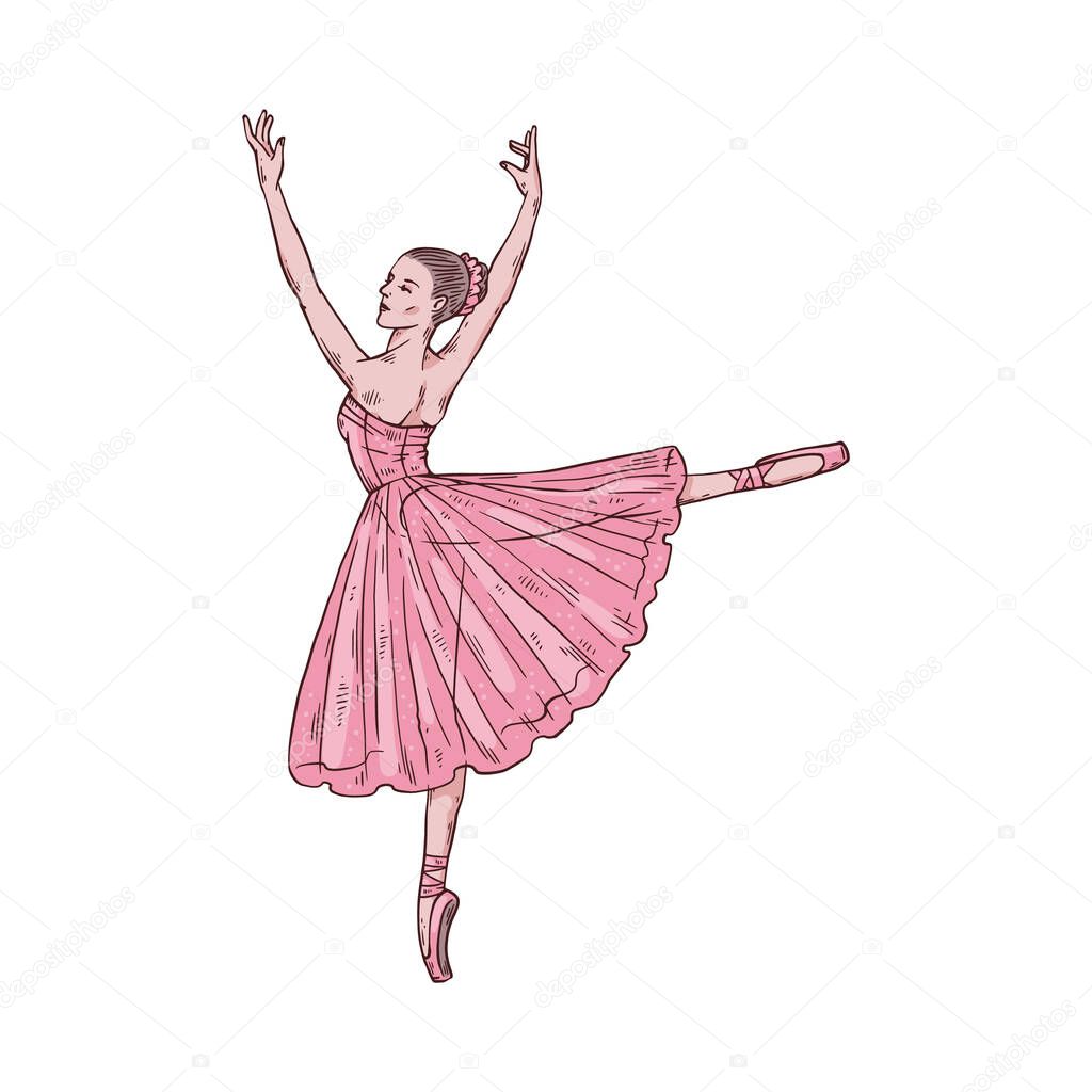 Dancing ballerina in pink dress, hand drawn sketch vector illustration isolated.