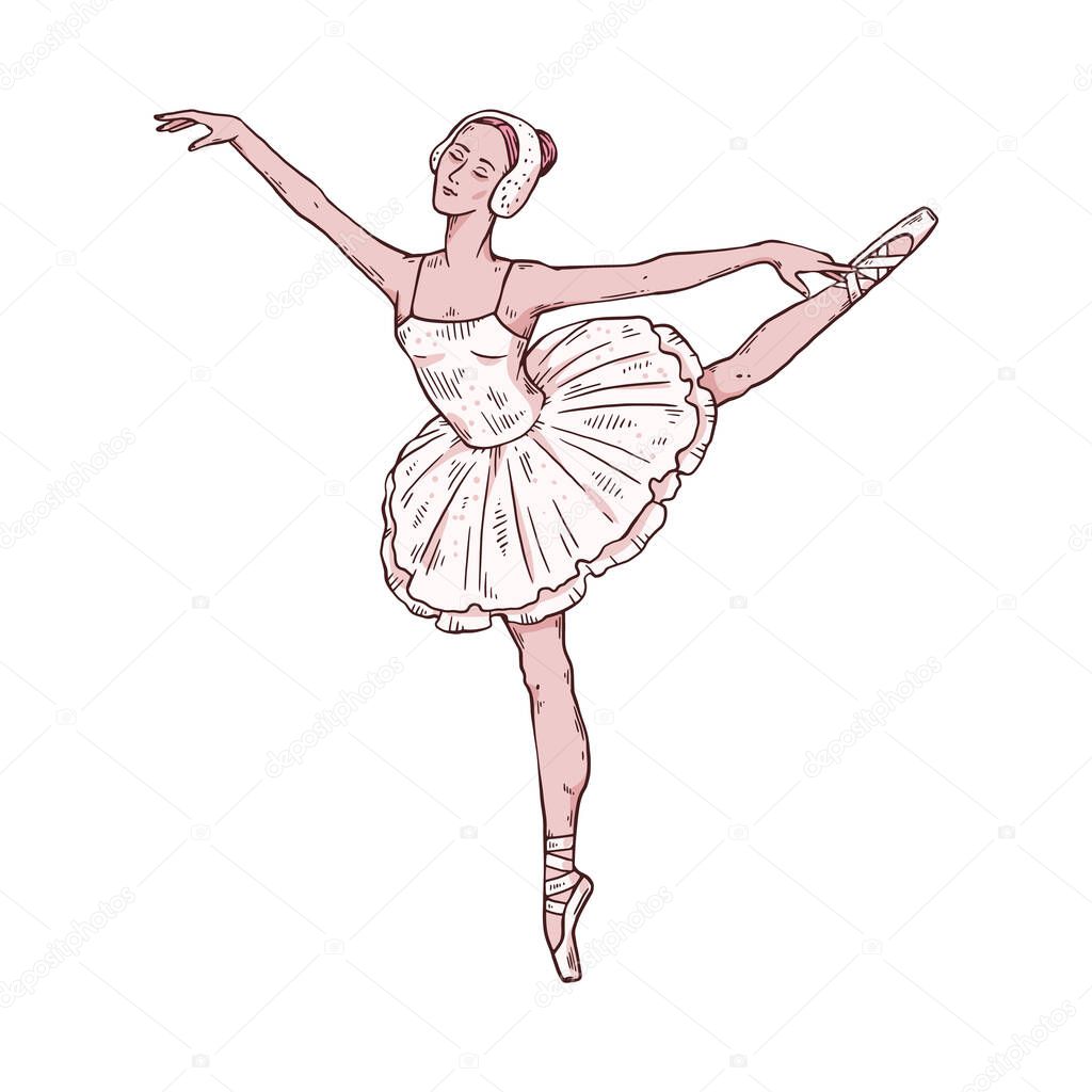 Ballerina in tutu dress standing on one leg, sketch vector illustration isolated.
