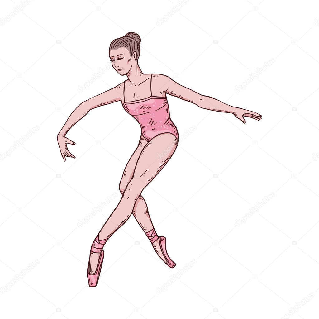 Ballerina in dancing motion, dancer of ballet on rehearsal theatre performance