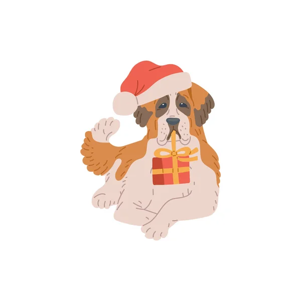 Hond in kerstmuts en met cadeau in de mond, platte vectorillustratie geïsoleerd. — Stockvector