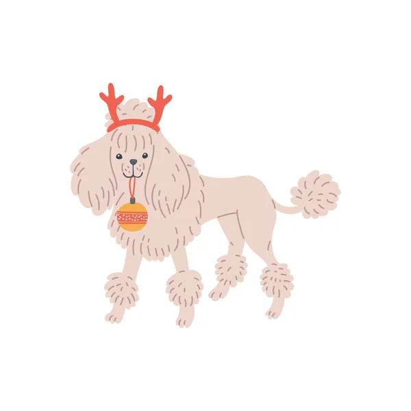 Λευκό σκυλάκι κανίς με ελάφια κέρατα και μπάλα χριστουγεννιάτικο δέντρο ένα διάνυσμα εικονογράφηση — Διανυσματικό Αρχείο
