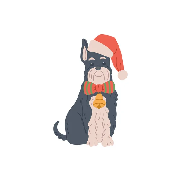Roztomilý pes ve vánočním klobouku a se zvonkem, ploché vektorové ilustrace izolované. — Stockový vektor