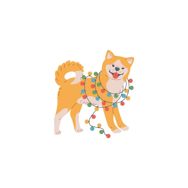 Akita inu eller shiba inu hund japansk ras söt sällskapsdjur med färgglada semester krans — Stock vektor