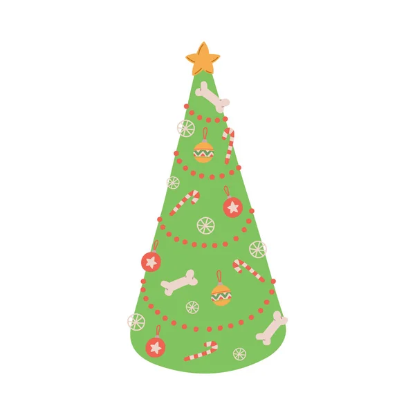 Árbol navideño para mascotas de perro con linda decoración de golosinas de hueso y estrella. — Vector de stock