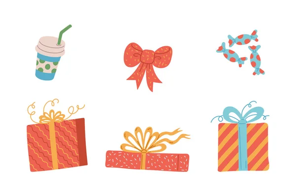 Set di icone della festa di compleanno con scatole regalo piatto illustrazione vettoriale isolato. — Vettoriale Stock
