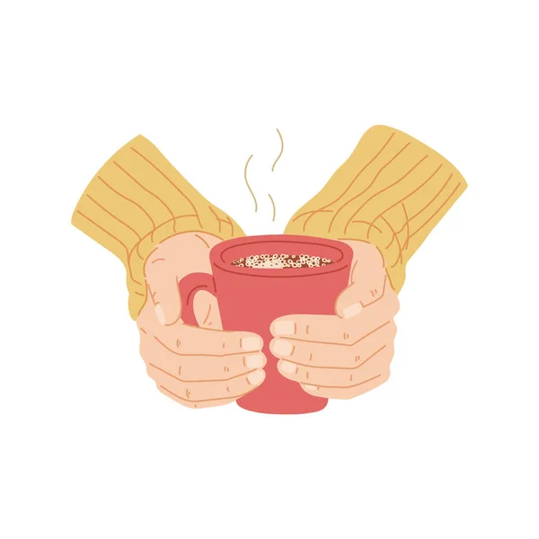 Hands holding red mug of hot drink, flat cartoon vector illustration isolated. — Stock Vector