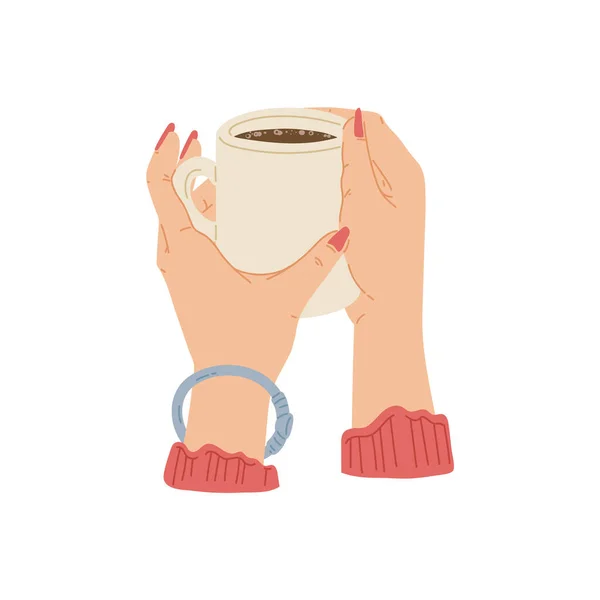 महिला हाथों में कॉफी या चाय का कप पकड़े हुए, फ्लैट वेक्टर चित्र अलग . — स्टॉक वेक्टर