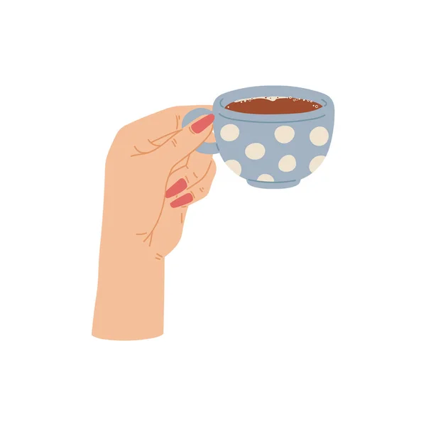 Femmina mano tenendo tazza di caffè o tè, piatto illustrazione vettoriale isolato. — Vettoriale Stock