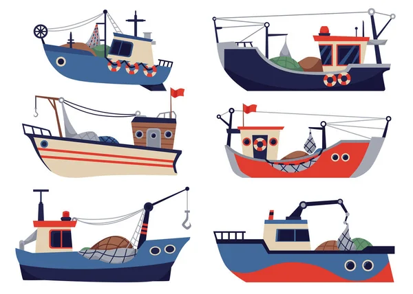 Serie vettoriale di navi da pesca, imbarcazioni e navi per la pesca in mare o in mare. — Vettoriale Stock