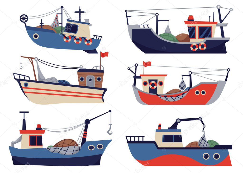 Vector set of fishing ships, boats and vessels for fishery at sea or ocean.